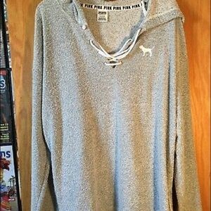 VS PINK gray French terry lace front pullover